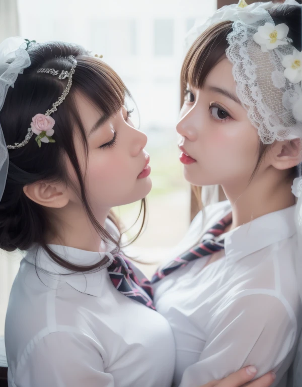 8k,masterpiece,Japanese,best quality, two cute (schoolgirls:1.1), kiss