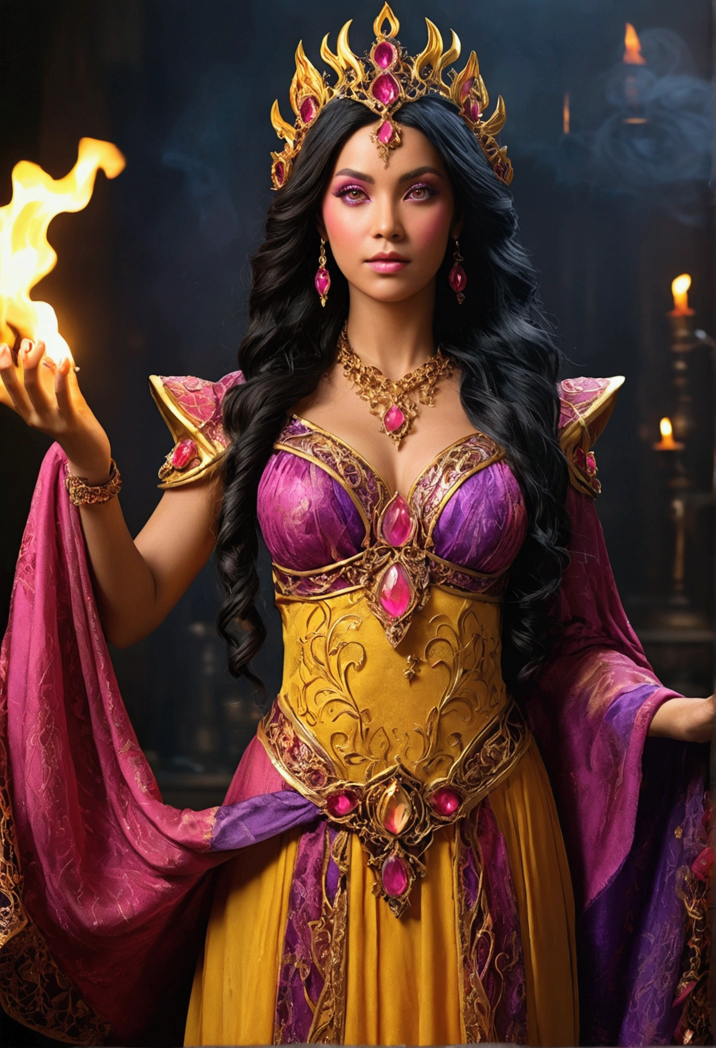 (((Fire Goddess UHD)))Super-Realistic, Standing up showing all of her realistic yellow and pink lace dress 8K , black hair, first, gilded, cos full cos, Detailed UHD hands with ruby ring, age 38, Mysterious front image ::8, Flowing mantle, Intricate Purple Makeup Patterns ::7, cos ::6, Enchanted Aura, glowing magic ::5, At your card table, Bubbling Potion ::4, Magic ingredients, spell books ::3, gesto de spellcasting ::2, mystical ambient, supernatural presence ::1. Smoke and atmosphere: , 16K.