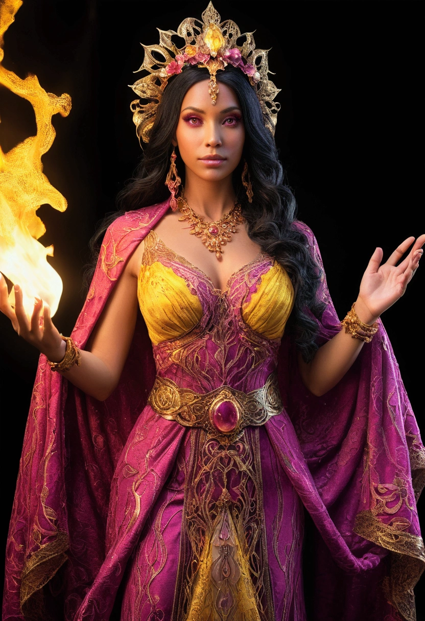 (((Fire Goddess UHD)))Super-Realistic, Standing up showing all of her realistic yellow and pink lace dress 8K , black hair, first, gilded, cos full cos, Detailed UHD hands with ruby ring, age 38, Mysterious front image ::8, Flowing mantle, Intricate Purple Makeup Patterns ::7, cos ::6, Enchanted Aura, glowing magic ::5, At your card table, Bubbling Potion ::4, Magic ingredients, spell books ::3, gesto de spellcasting ::2, mystical ambient, supernatural presence ::1. Smoke and atmosphere:  , 16K.  