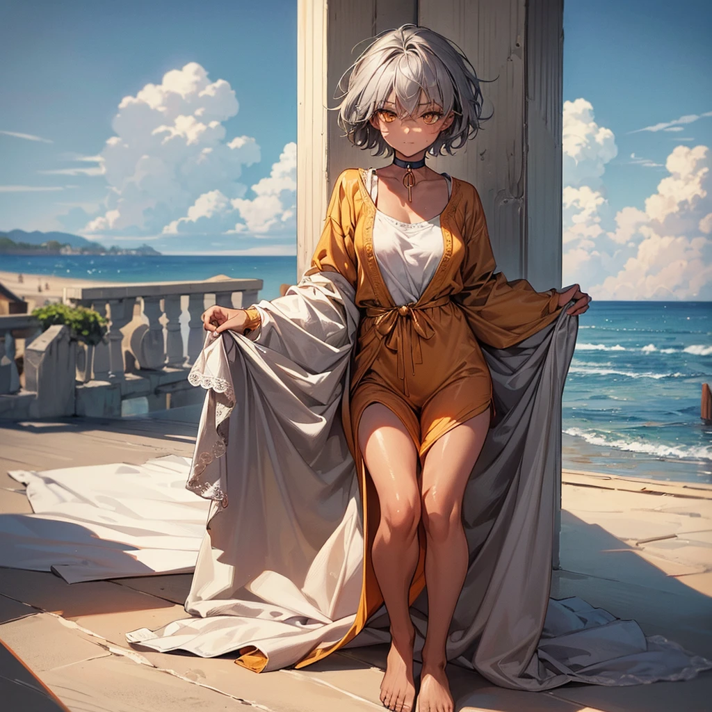 masterpiece, Highest quality, Perfect Face, Highest Resolution, Highest quality,Detailed depiction of the eyes, 8k, 1 girl, young, dark tan skin, slate gray hair, short hair, upturned eyes, Yellow Orange eyes, ribbon choker, Wet clothes, Seaside house, relax and enjoy, little smile, Perfect Anatomy, Full body angle shot