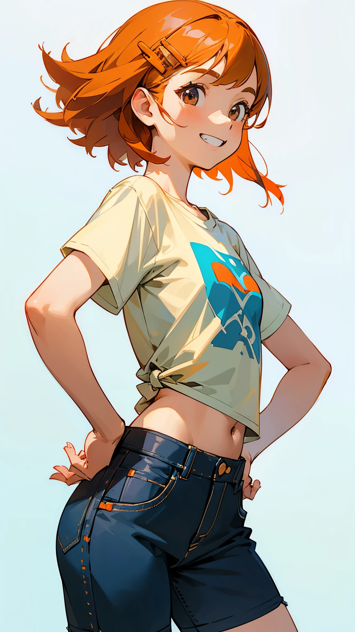 1 girl、Cowboy Shot、From the side、Simple T-shirt、light blue medium hair、Beautiful brown eyes、Orange Hair Clip、Flat Chest、Grin、Keep your hands on your hips、Shorts