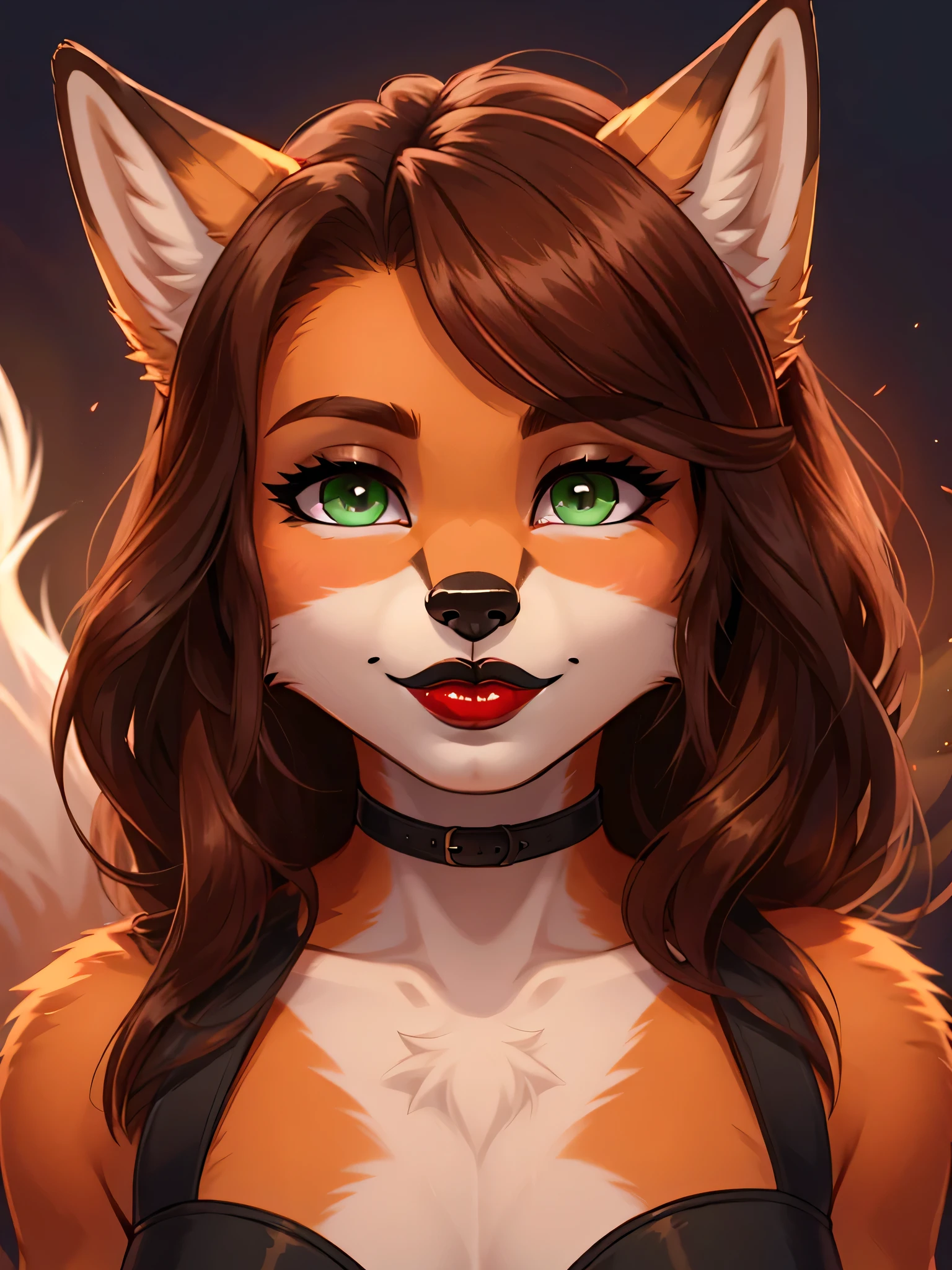 Best quality, furry male fox with green eyes, with brown long hair, with black spout, with red lipstick on lips, big lips, in a women&#39;s bikini, crossdressing, smiles sweetly, shows off her hairy sweaty armpits, sexy pose, standing in front of the entrance to a nightclub 