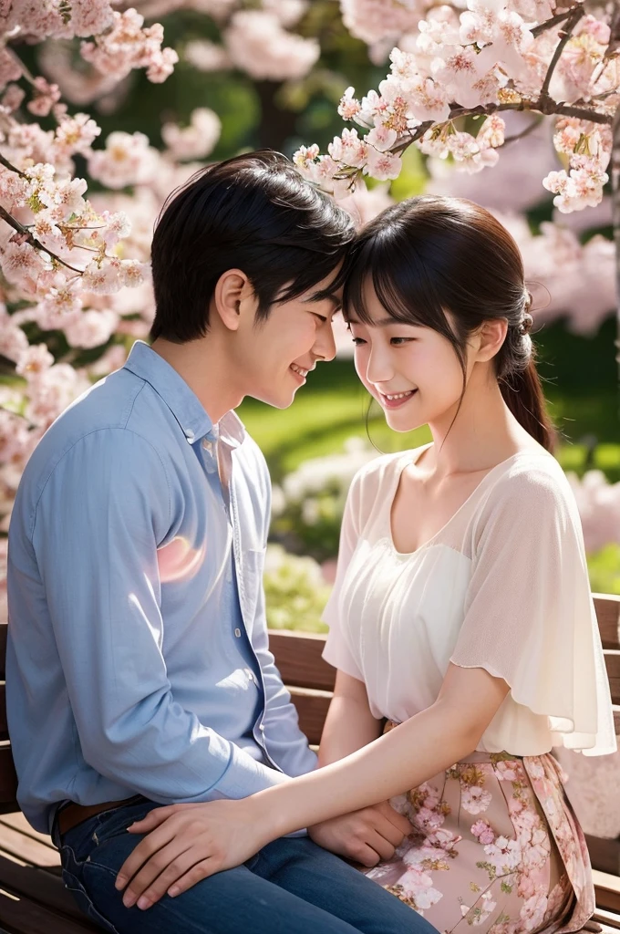 A visually stunning image of a young Japanese couple engaged in an affectionate embrace on a park bench. The couple, a Japanese man and woman in their twenties, are deeply engrossed in each other’s company, smiling gently while holding each other closely. The scene is set in a vibrant spring park in Japan, with lush cherry blossoms and multicolored flowers blooming around them. The golden hour sunlight bathes the scene in a warm, soft glow, enhancing the romantic and peaceful mood. The image should capture detailed textures like the softness of their traditional or modern clothing and the delicate petals of the cherry blossoms, with a dreamy light flare effect to emphasize the magical atmosphere.”