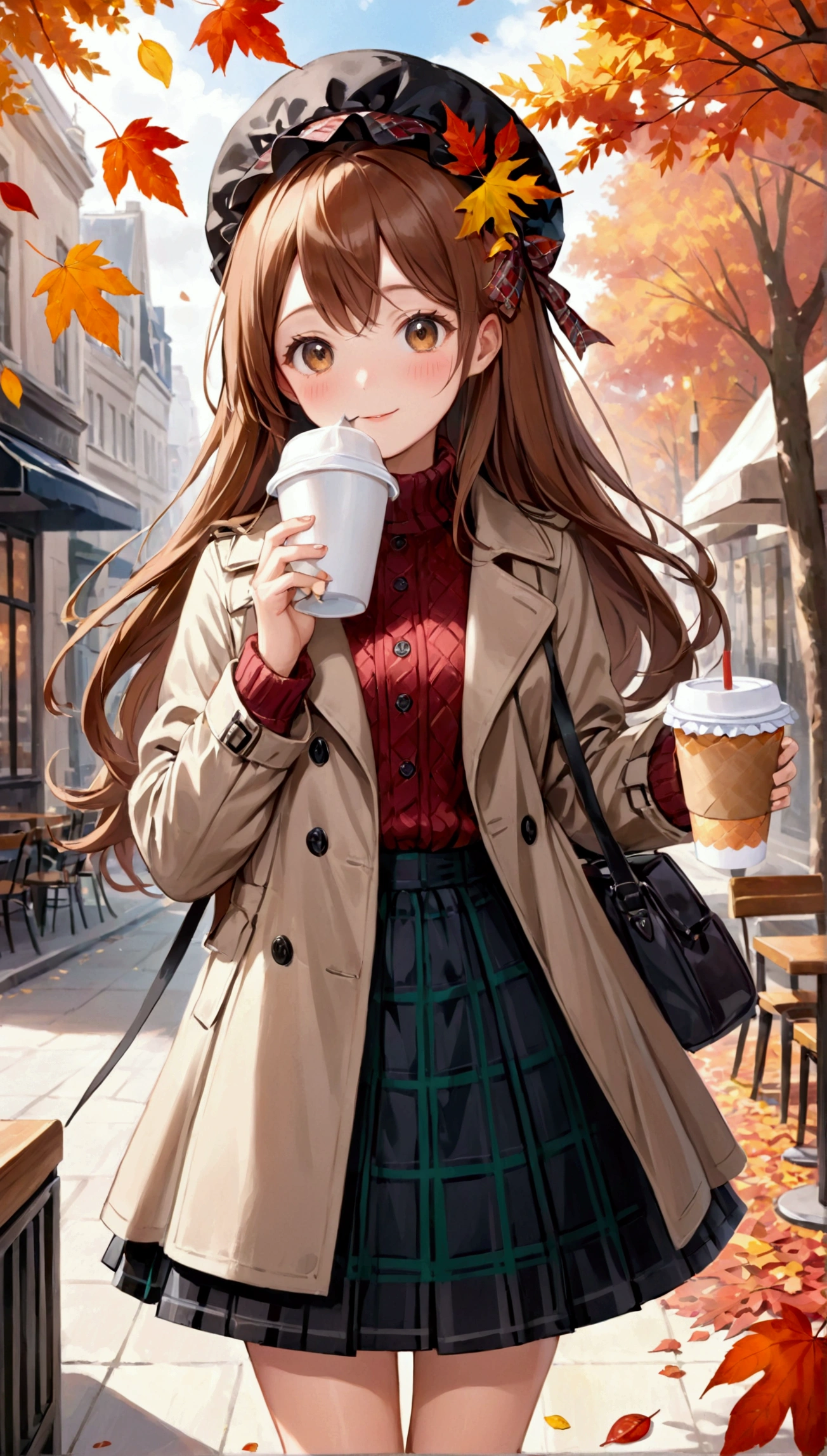 1 girl, autumn leaves, bangss, black hat, nblurry background, blush, eyes browns, chestnut hair, brown tissue, brown overskirt, trench coat, café, cowboy shot, cup, disposable cup, beverage, falling leaves, bonnet, containment, containment beverage, ventail, long hair, long sleeves, looking ahead at viewer, open trench coat, gaping mouth, plaid, plaid overskirt, puffy long sleeves, red sweater, tissue, chemise, chemise tucked in, side locks, overskirt, ssmile, standing alone, sweater, white chemise, extremely detaild, intrikate, work of art, absurderes