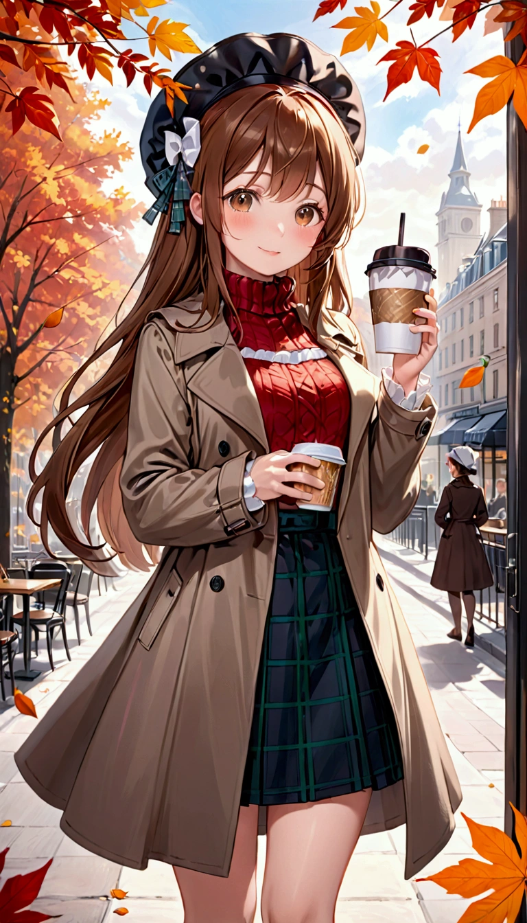 1 girl, autumn leaves, bangss, black hat, nblurry background, blush, eyes browns, chestnut hair, brown tissue, brown overskirt, trench coat, café, cowboy shot, cup, disposable cup, beverage, falling leaves, bonnet, containment, containment beverage, ventail, long hair, long sleeves, looking ahead at viewer, open trench coat, gaping mouth, plaid, plaid overskirt, puffy long sleeves, red sweater, tissue, chemise, chemise tucked in, side locks, overskirt, ssmile, standing alone, sweater, white chemise, extremely detaild, intrikate, work of art, absurderes