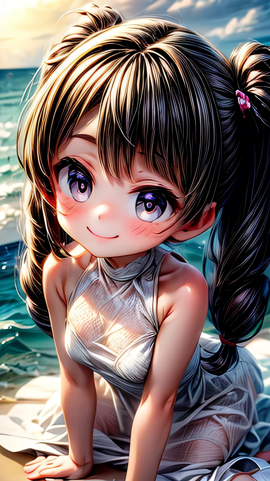 (((Face close-up))), 最high quality, masterpiece, , ,short, Huge breasts, Black Hair,Low twin tails, Black eyes, Yukinecris, Thin twin tails,, Beach, Ocean, White Dress, White Skirt, White dress, (((shy))), (Happy), Leaning forward, summer, From above, Reaching out, smile, masterpiece, 最high quality, high quality, High resolution､ ((smile)), smileで､((Random pose))､(((Face close-up))), On all fours