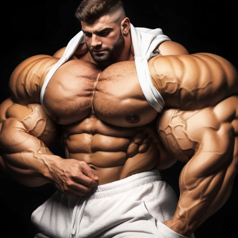 a very handsome man, mid fade haircut, wearing a white sweatshirt, massively muscular, with massively large muscles, with massively large and muscular chest, arms and biceps, extremely muscular and defined body, large body, massively large and muscular body, all parts massively large and muscular, on a black background