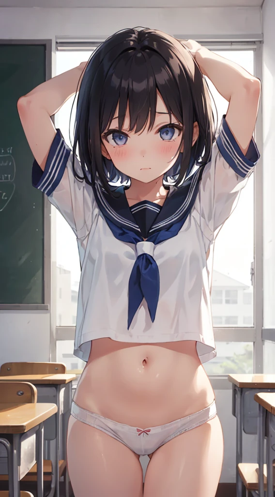 nsfw,alone, (One girl), girl,8-year-old, ((Whie ies))wearing only the top half of sailor school uniform), Sailor with un-folded hems, sexy, (Cowboy Shot), ((Put your arms behind your head)), classroom, With a girl:hair is black and short, Her face is round and cute。It's below the knee。The shoes are black loafers。The girl had a surprised look on her face, Joy and emotion.、With eyes wide open, Open your mouth, Tears were reddening her cheeks, The cheeks and hands are drawn large., Black Hair, Low twin tails, (Are standing),(Shy, Embarrassing),