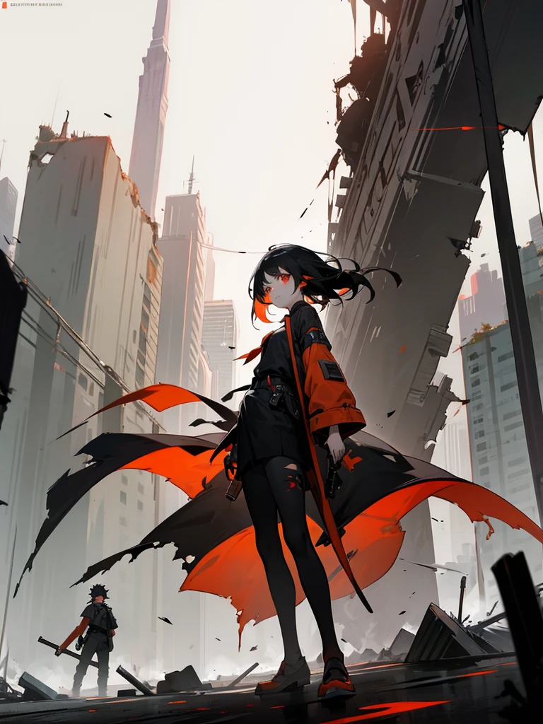 Girl and boy with red orange eye and black hair on a destroyed city holding there own weapons and stare at their own weapons