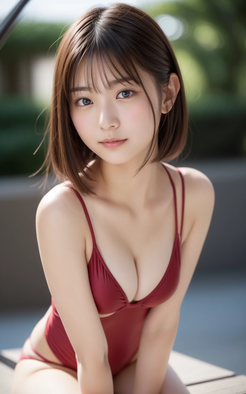 （8k、live-action、Raw photo、Highest quality、masterpiece：1.2),(summer, Outdoors,Front lighting:1.2),((Perfect lighting)),(濡れたhair),Watching the audience,(Sexy pose:1.4), strong,(Erotic),18-year-old,student,White skin,knees,Small Face,前hairを真ん中から分けます、The forehead is visible,skinny,skinny)、masterpiece,Highest quality、超A high resolution,One person, solo,Close-up shot、cute、Back to Students,(Swimwear:1.3),High school girl,Japanese women,（フォトReal：1.37）、Photon Mapping,Realistic、cuteSmall Face,Brown eyes、prospect、Depth of written boundary、Blurred Background、Real,(前hairが見える), hair, kneesが見える, thigh,(Nogizaka Idol), actress、Big and ample breasts、Cleavage、Super fine、7 heads、(Skin with visible pores:1.2)、(Focus on the face)、Natural neck、Check and correct the skeleton