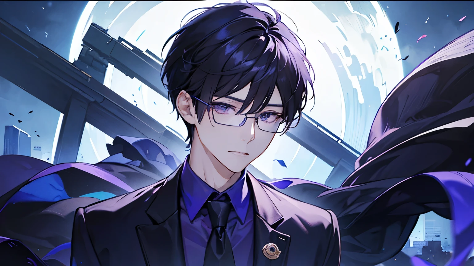 One Man、Rin々Shii、Dark Brown Hair、Purple Eyes、In a suit、Blue tie、Short Hair、The right eye is hidden by bangs、Glasses、Close-up of face、full moon