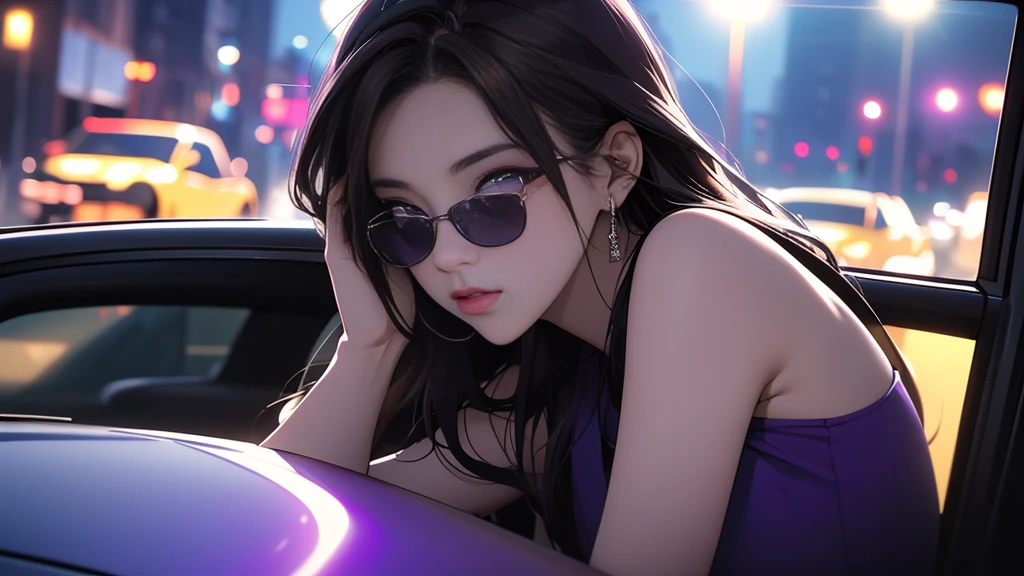 nightの埠頭, {{{nightのネオン}}}, super detailed skin, masterpiece:1.4, 8K resolution, ultra HD, symmetric eyes, Brown Hair、car、{{carのボンネットに座る女}}、Beautiful Asian girl with purple hair, city view from the window, Perfect Face, sunglasses, Sleeveless, Neon Black, (Backlight: 1.1), Hard Shadows, masterpiece, Highest quality, Complex, Model shooting style, Vintage, Film Grain, {{night}}, 超精巧なcar, (better hands):1.7,