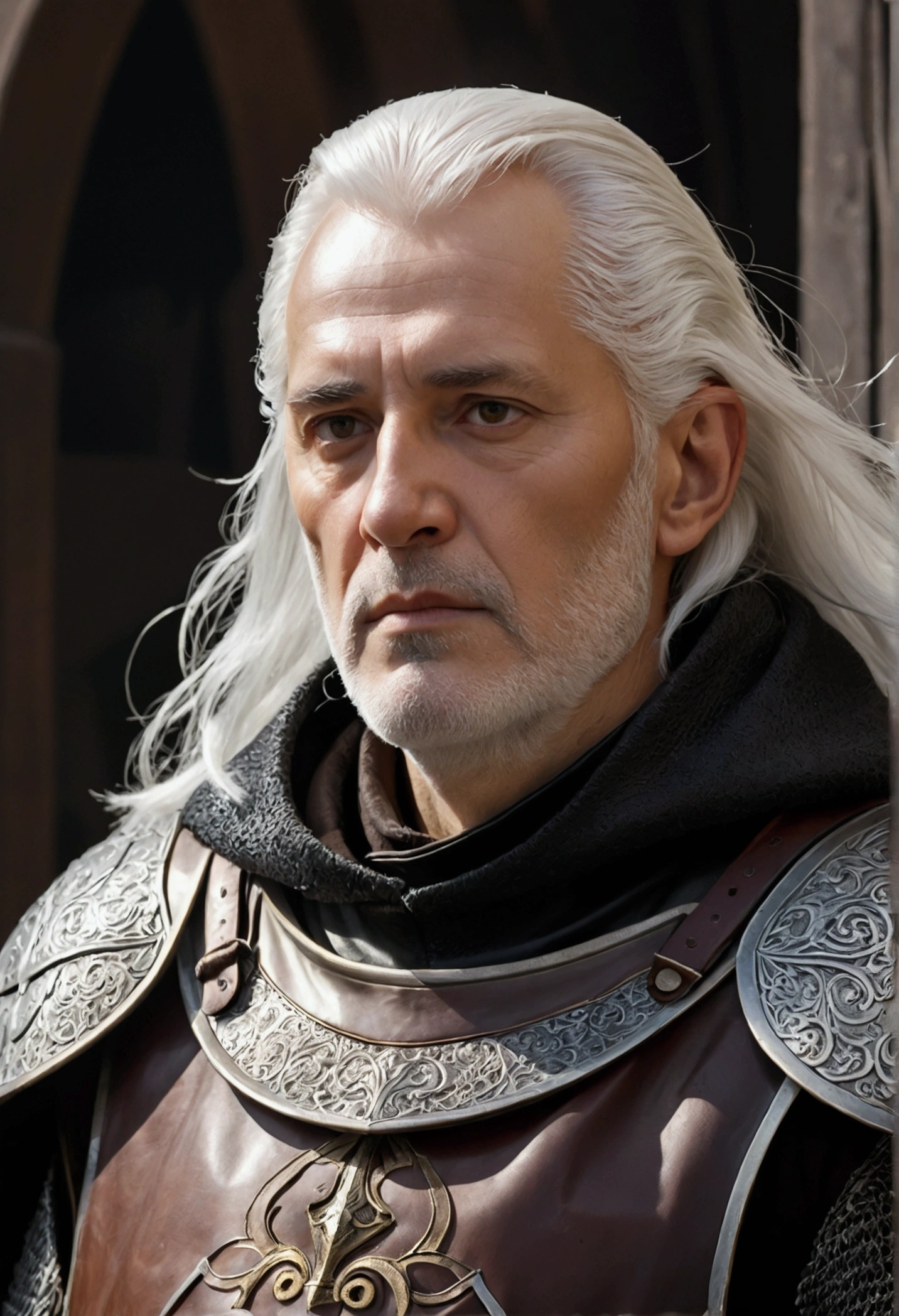 Rodrik Cassel is a stout knight with soft flesh under his chin. He has white hair and large white whiskers. He is 60 years. He is plainly dressed, leather armor and a cheap hooded dark cloak