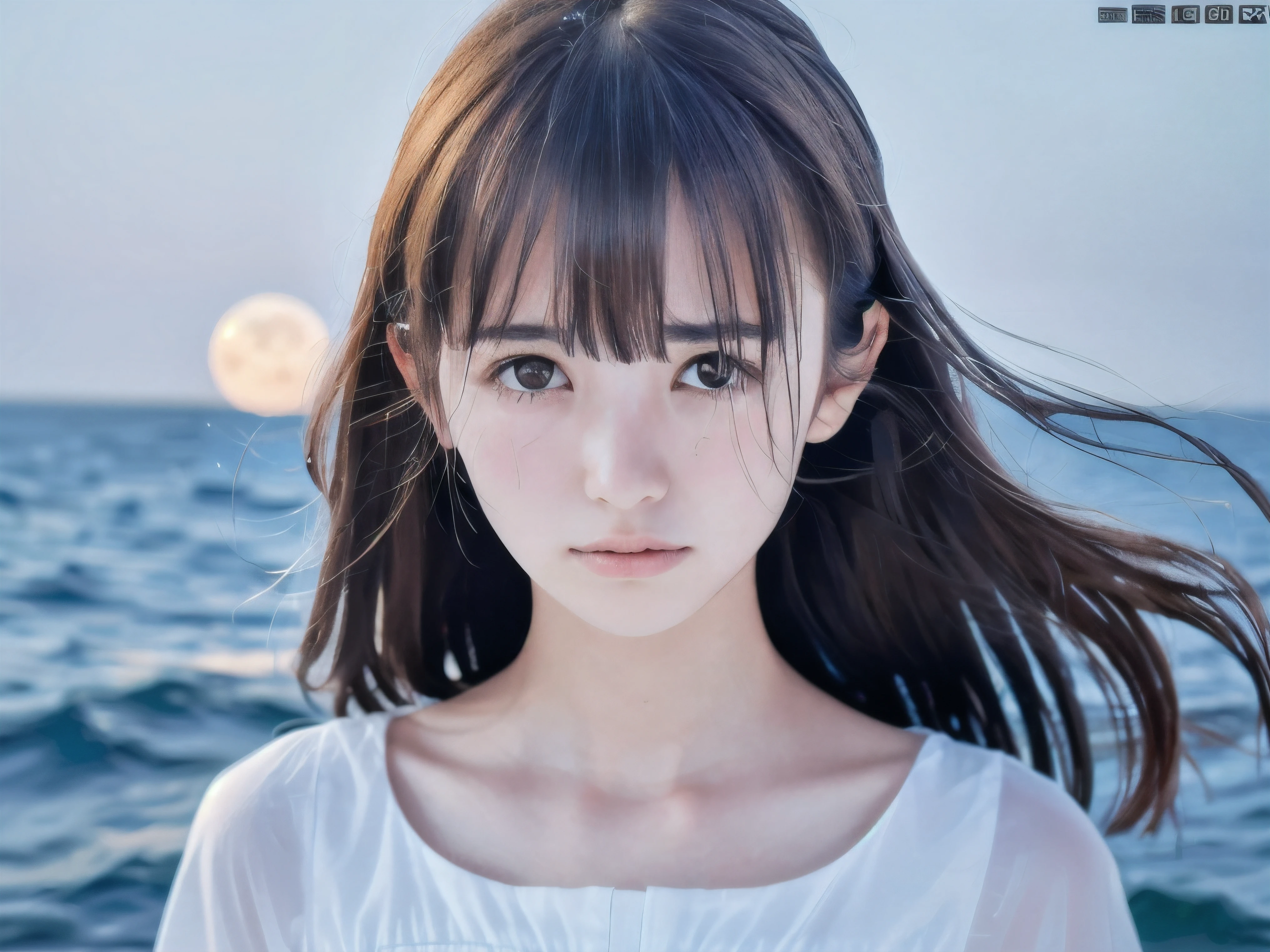 (Close up face shot of slender small-breasted half up brown long hair with bangs girl wearing a white summer dress:1.5)、(One girl is turn around and big crying with tears at the cape of the sea in Japan:1.5)、(Beautiful midnight with full moon on the sea:1.5)、(blurred background:1.5)、(Natural light:1.5)、(8k ultra detailed master piece:1.5)、(perfect anatomy:1.5)、(Photorealistic stick:1.5)、(Raw photo:1.3)、(highest quality:1.5)、(High resolution:1.3)、(Delicate and beautiful perfect face:1.3)、(Delicate and beautiful eye air skin:1.3)、(Real Human Skin:1.3)、((thin legs))