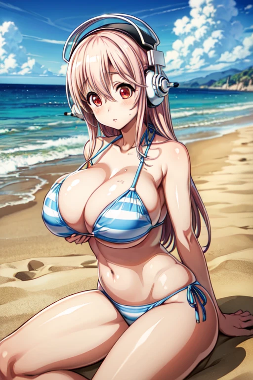 Super Sonico enjoying the beautiful beach scenery, with her red eyes shining and headphones on, sitting on the sand in a white and blue striped bikini, massive breasts, huge breasts, 1girl, solo, masterpiece, high quality