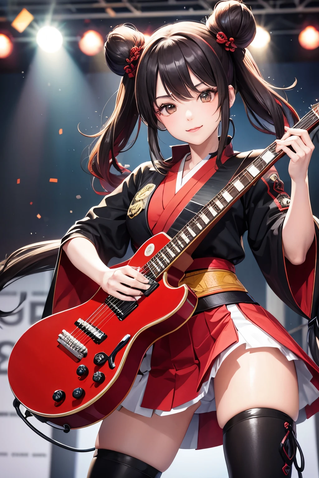 Red and black Twin-tailed bun hair, flashy haori and hakama, high heels, heavy metal, electric guitar, stage
