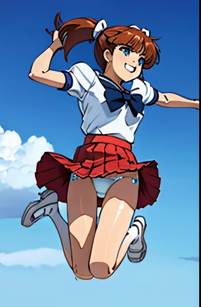 Android, Beautiful robot masturbates hard, She reaches orgasm. Her short pigtails, Brown Hair, A hair tie with two large red clothespins, Big smile, Brown Hair, middle aged, Seams, blue eyes, Full body portrait, height: 160cm, She is wearing only light beige micro mini panties, Fluttering skirt, Skirt crease, white retro swimwear, boost mood, Anime style in the 2020s, 21st Century Japanese Animation, Show white panties, A strong wind is blowing.