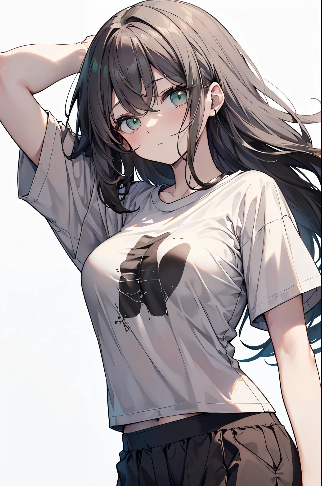 {{masterpiece}}, The best quality of life, 、Dark brown long hair 、 Cute female, (Green Eyes)、Expressionless adult woman、((White background))、tall、One woman with good style、Large Breasts、(((Grey short sleeve T-shirt)))、Black spats