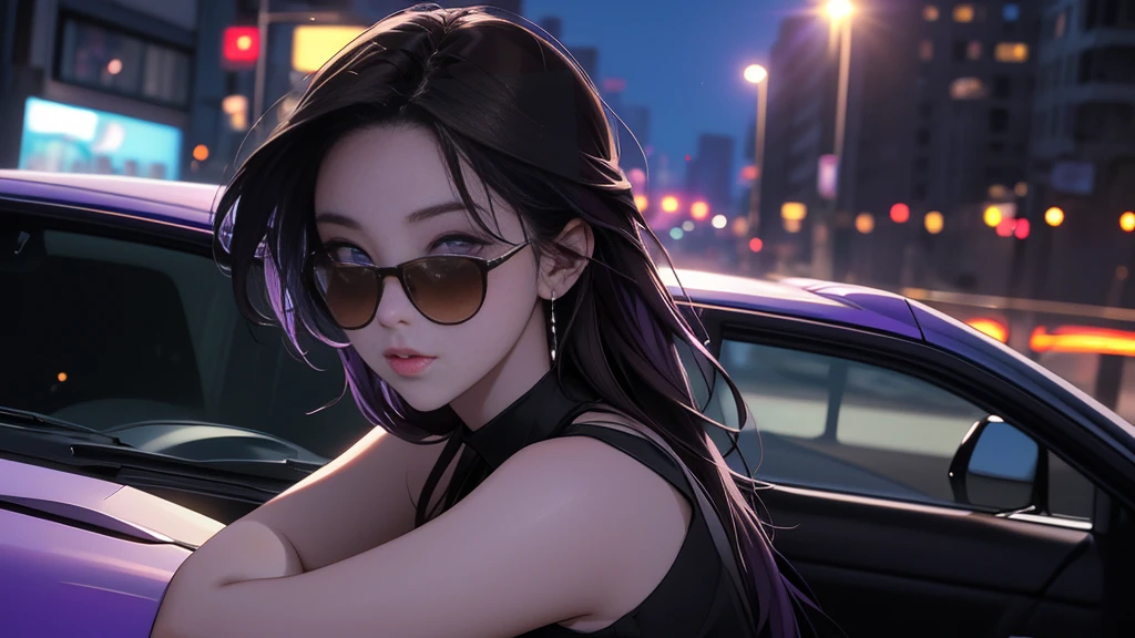 nightの埠頭, {{{nightのネオン}}}, super detailed skin, masterpiece:1.4, 8K resolution, ultra HD, symmetric eyes, Brown Hair、car、{{carのボンネットに座る女}}、Beautiful Asian girl with purple hair, city view from the window, Perfect Face, sunglasses, Sleeveless, Neon Black, (Backlight: 1.1), Hard Shadows, masterpiece, Highest quality, Complex, Model shooting style, Vintage, Film Grain, {{night}}, 超精巧なcar, (better hands):1.7,