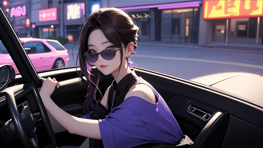 nightの埠頭, {{{nightのネオン}}}, super detailed skin, masterpiece:1.4, 8K resolution, ultra HD, symmetric eyes, Brown Hair、car、{{carのボンネットに座る女}}、Beautiful Asian girl with purple hair, city view from the window, Perfect Face, sunglasses, Sleeveless, Neon Black, (Backlight: 1.1), Hard Shadows, masterpiece, Highest quality, Complex, Model shooting style, Vintage, Film Grain, {{night}}, 超精巧なcar, (better hands):1.7,