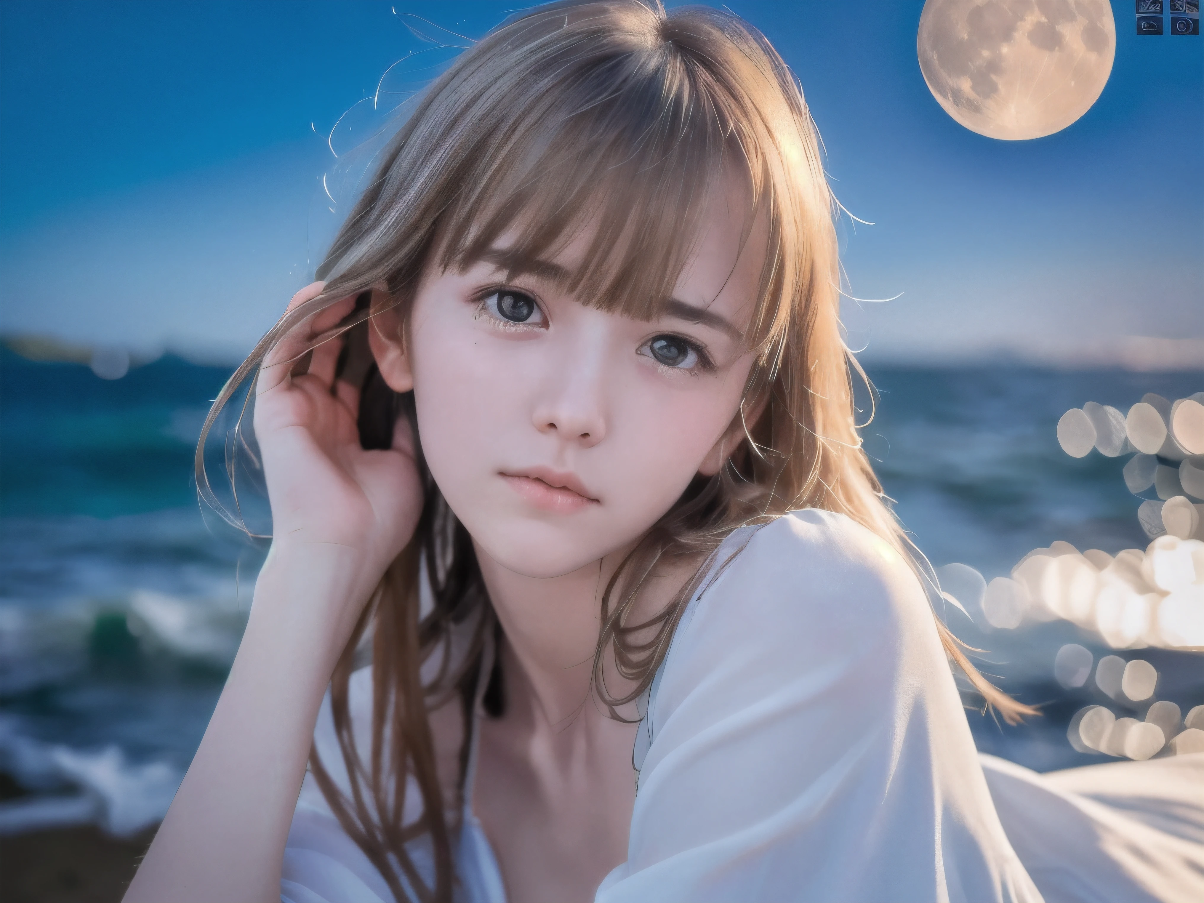 (Close up face shot of slender small-breasted half up blonde long hair with bangs girl wearing a white summer dress:1.5)、(One blonde hair girl is turn around and crying with tears at the cape of the sea in Japan:1.5)、(Beautiful midnight with full moon on the sea:1.5)、(blurred background:1.5)、(Natural light:1.5)、(8k ultra detailed master piece:1.5)、(perfect anatomy:1.5)、(Photorealistic stick:1.5)、(Raw photo:1.3)、(highest quality:1.5)、(High resolution:1.3)、(Delicate and beautiful perfect face:1.3)、(Delicate and beautiful eye air skin:1.3)、(Real Human Skin:1.3)、((thin legs))