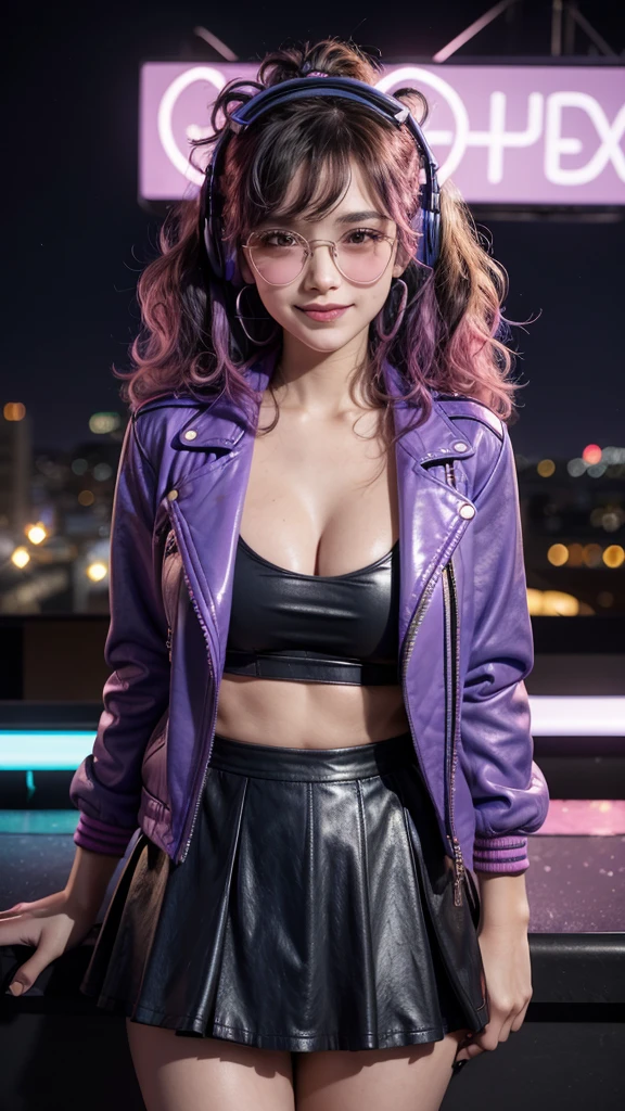 A DJ with curly hair in shades of dark blue and pink, wearing a blue leather jacket and a purple tulle skirt, dancing on a rooftop lit by purple and pink neon lights. She has golden headphones in her ears and looks at the camera with a beaming smile, while the urban scenery glows in the background.