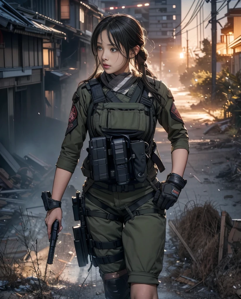 Standing strong amid the chaos of urban warfare、Capturing the ultimate realistic details of Japanese girls、A breathtaking photorealistic masterpiece。Framed in expansive 16k ultra-high resolution, this stunning image、Showing her ultimate cute face with delicate features and smooth ultimate RAW skin。Her eyes sparkle with determination as she holds her assault rifle against a backdrop of destruction.。The machine&#39;s armor glitters under the intense light.、Casts realistic shadows that make the image appear to jump out of the screen。The overall composition is a testament to Special Forces training.、A girl&#39;s entire body is on display in all its mechanized glory。