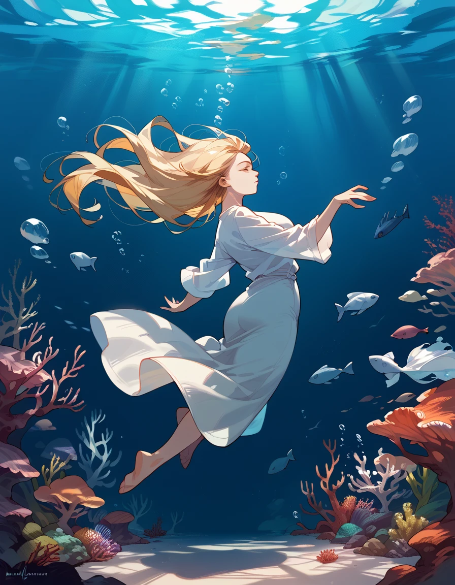 (score_9,score_8_up,score_7_up),1woman,solo,mature,big sister,middle age,adult woman, blonde hair, white body, floating underwater, underwater sunlight, bioluminescence, darkness, abyss, empty water