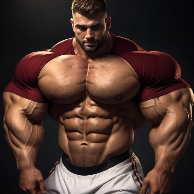 a very handsome man, mid fade haircut, wearing a tight red shirt, massively muscular, with massively large muscles, with massively large and muscular chest, arms and biceps, extremely muscular and defined body, big body, massively large and muscular body, all parts massively large and muscular, on a black background