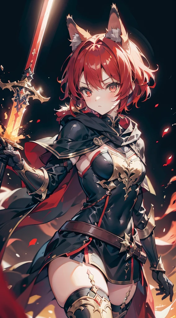 Cat Girl，short hair，braid，Tomboy，cute，Passion，Full of vitality，Energetic，Lively，shota，femboy，Red hair，Cat ears，Body hair，furry，furry，Red fur all over，hairy，sword，持sword，佩sword，拿着sword，cloak，cloak，Heroic Style，armor，奇幻armor