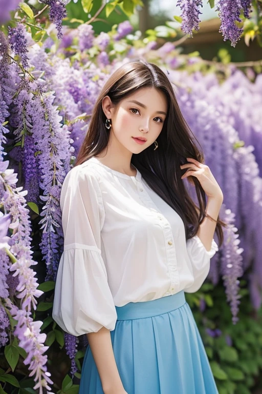 Beautiful woman standing under a wisteria trellis、20 years old、Drop your gaze、reading a paperback book、White blouse and light blue skirt