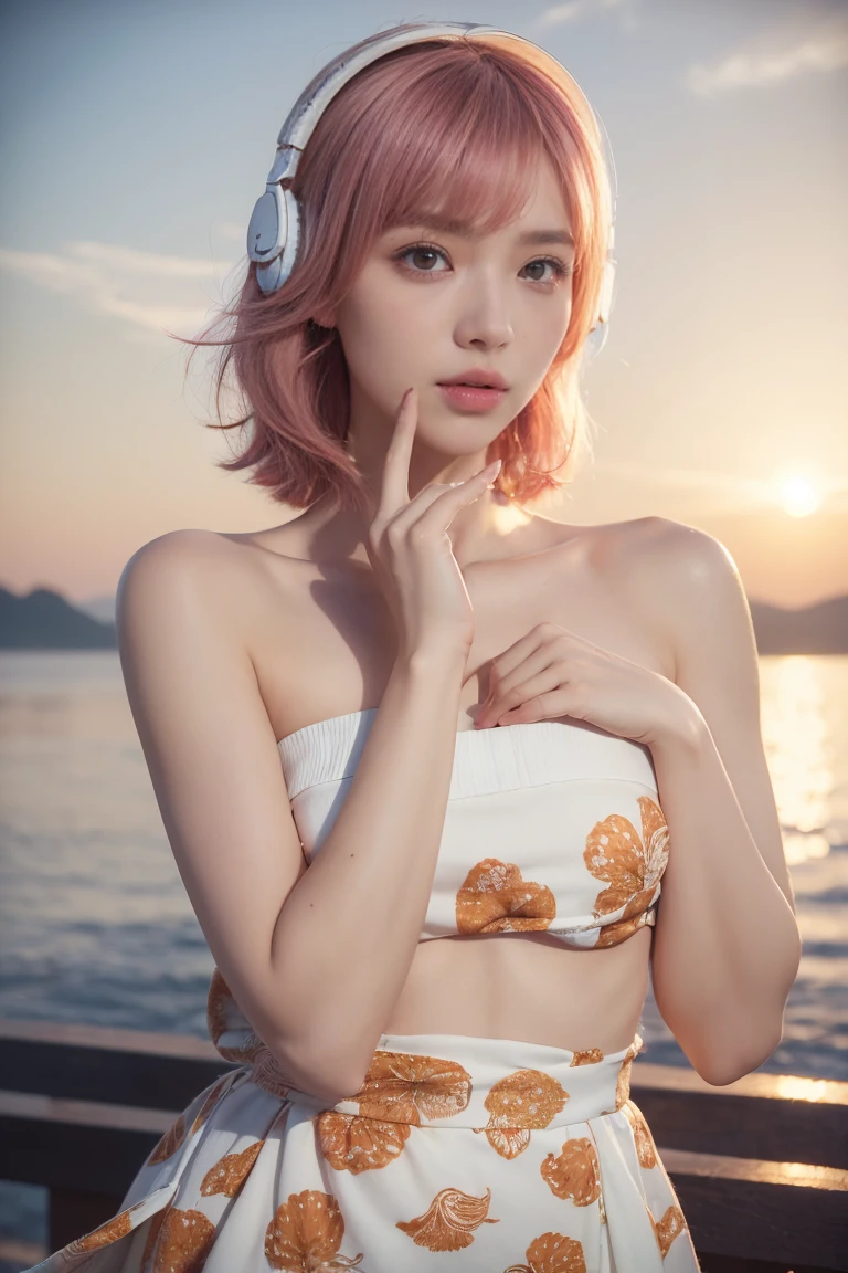 Top Quality, Masterpiece, Super High Resolution, (Actual:1.3), Original Photo, (Nature Photography), (Magnificent mountaintop, Sea of clouds), (Very wide mountain top), (Sunrise), (Girl), (Upper body), (Natural Light: 1.0), (Side View: 0.0), (Cowboy Shot: 0.0), (upper body: 1.8), (Close-up: 0.8), Portrait, Cinematic Lighting, Glow, Ray tracing, reflected light, f135mm, UHD, accurate, skin texture, super detail, great detail, high quality, highest quality, 8k, (surrealism: 1.2), BREAK, (Japanese: 1.3), (25 years old: 1.0), (Small breasts: 1.6), (Long, large, slit eyes: 1.8), (Realistic eyes: 1.8), (Height at 160cm: 1.2) , (Transparent white skin: 1.2), (Short curly bright pink hair with bangs: 1.3), (Deep eyeshadow makeup: 1.4), BREAK, (Correct hand: 1.6), (Correct fingertips: 1.6), Sexy pose, (Place hand near cheek: 1.8), BREAK, (Big white headphones: 1.4), (Wearing an orange and white printed strapless dress: 1.3), BREAK, Japanese patterns of kimono,