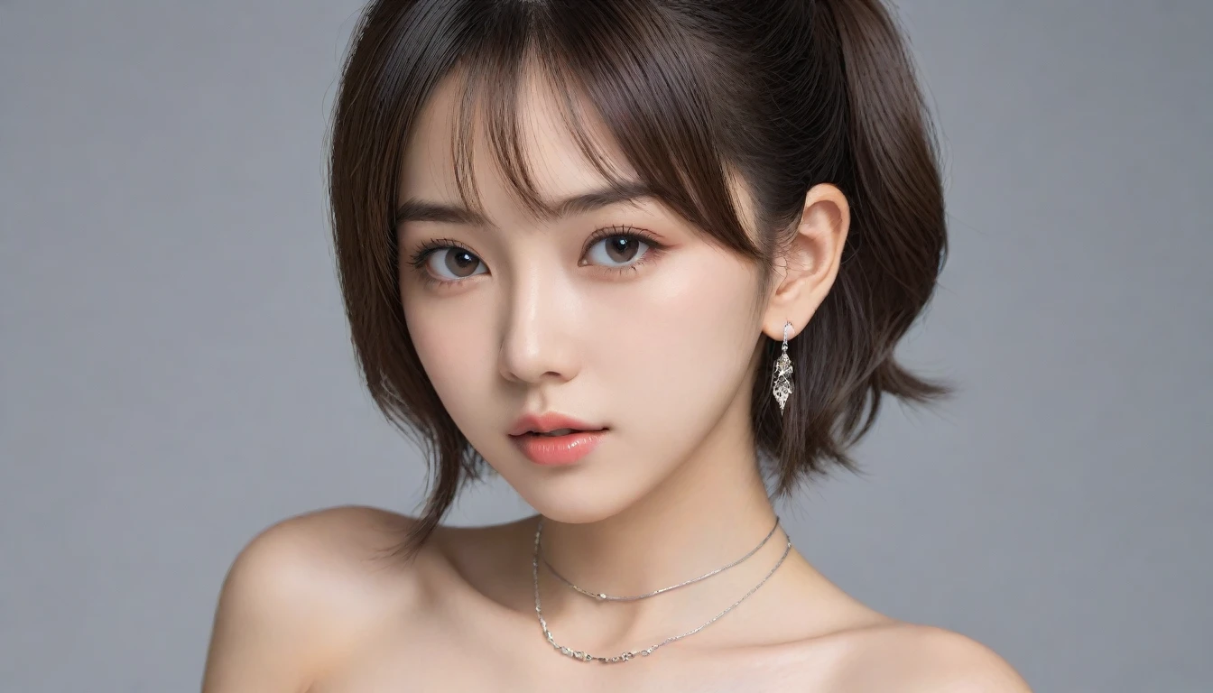 8k, Ultra-high resolution, Highest quality, masterpiece, 三分割法によるphotograph,Surreal, photograph, 1 Girl, (16 years old:1.3), pretty girl, Cute Face, 細部までBeautiful Eyes, 細かくdetailedに,masterpiece,One Girl:1.2,Japanese female announcer,cowboy shot,Serious expression,Black short hair,Short ponytail,Super Beautiful Girl 4,((1 girl:1.4)),Shine, Natural skin texture、(Stylish clothes:1.4)、(Sexy Costumes:1.4)、(Beautiful breastsを強調する衣装:1.4)、Attractive girl、16 years old、(Perfect female body:1.4)、(女の子のポートレートphotograph:1.4)、(Photorealistic images:1.4),Fantasy art,(Beautiful Face:1.4)、Beautiful breasts,Beautiful and attractive eyes、Beautiful Eyes、(Tight waist:1.4)、(9 Beautiful girls with perfect body proportions:1.4),Red lips,(choker:1.4、necklace:1.4、Earrings:1.4),Looking at the audience,(((Ideal body type))),A-cup small breasts :2,、Portraiture:2、Perfect Anatomy、鮮明なdetailed、detailed,Fashion magazine cover,Thin lips,Gray background ,完璧でBeautiful Face ,完璧でCute Face, Skin with attention to detail, Perfect limbs、Narrow waist,Looking at the audience,(((Ideal body type))),A cup small breasts :2,Portraiture:2,Perfect Anatomy,鮮明なdetailed,detailed,Surreal,Light and shadow,spotlight