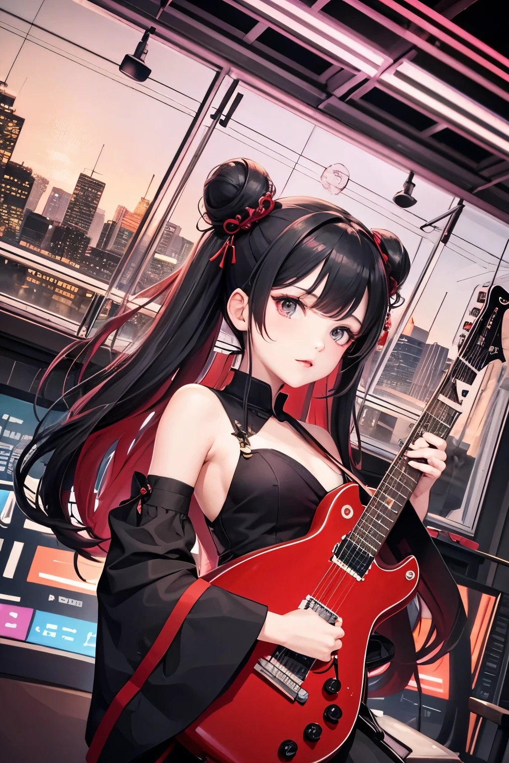 Red and black Twin-tailed bun hair, flashy haori and hakama, high heels, heavy metal, electric guitar, stage
