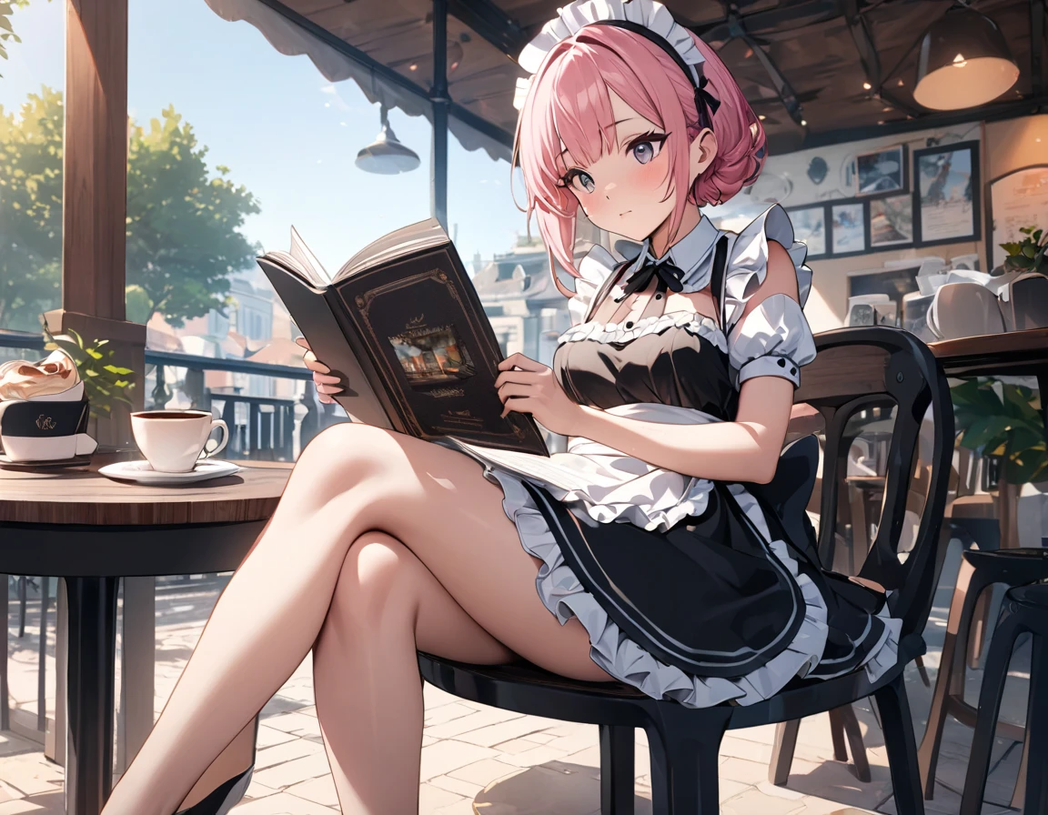 (((Best quality, 8k, Masterpiece: 1.3)), ((best quality)), ((masterpiece)), (detailed), perfect face, A maid girl with short pink hair, A maid costume with frills, high resolution, Textured skin, anime style, Reading a Photo album on the open terrace of a cafe, a coffee cup is placed on a white round table, reading a Photo album, Legs crossed