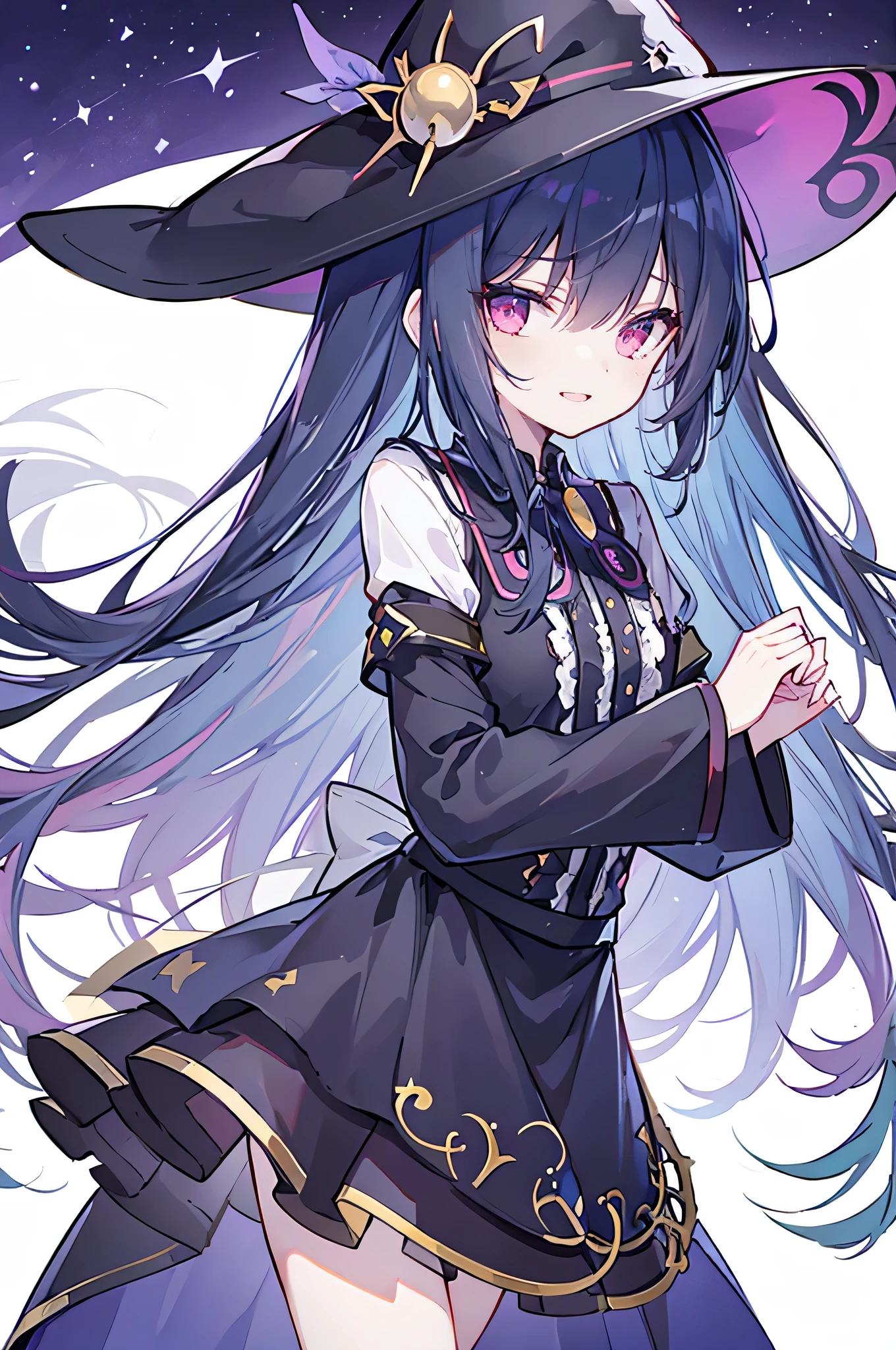 oung Girls,Humanity,A magician always smiles,big witch hat,cute,dark blue long hair,The eyes are dull,The bangs are heavy,Thin eyebrows,fantasy,intake,Double teeth,Star Theme,Constellation pattern,Solid color clothetal decoration,cloak,A bit of a dark atmosphere,A little crazy smile,When the big moon shines outside at night,blood,Hair black star embellishment,Short tie,No nails,High waist skirt,Bell sleeves,Long-sleeved shirt,Black tie,low risk,gentlemen。Mist、Yellow and white effect，Shocking pink as an accent color