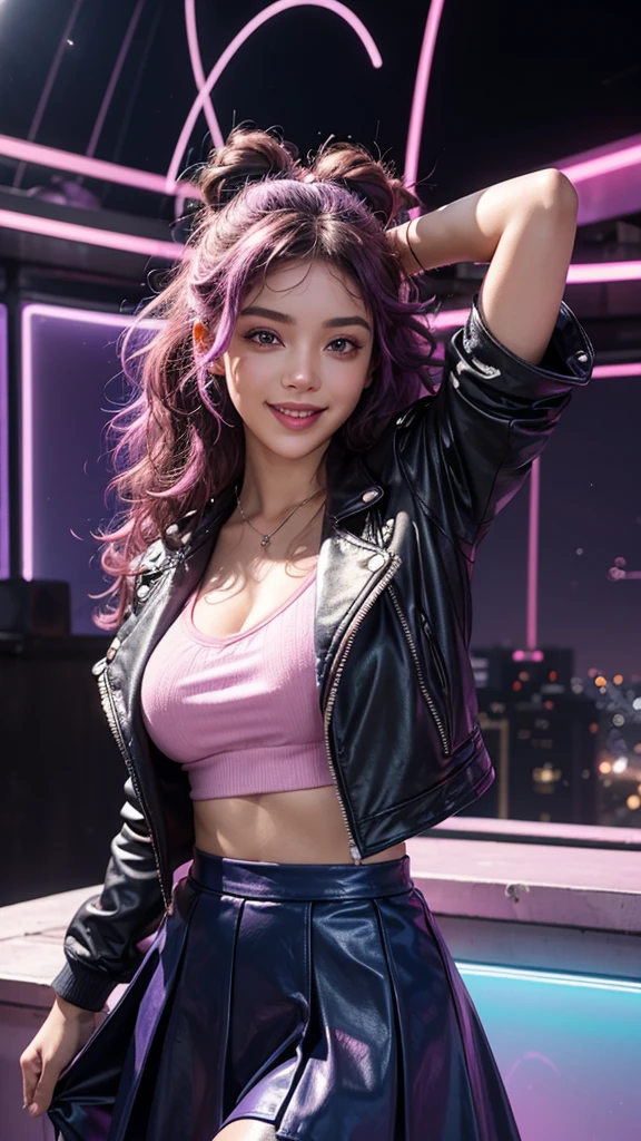 A DJ with curly hair in shades of dark blue and pink, wearing a blue leather jacket and a purple tulle skirt, dancing on a rooftop lit by purple and pink neon lights. She has golden headphones in her ears and looks at the camera with a beaming smile, while the urban scenery glows in the background.