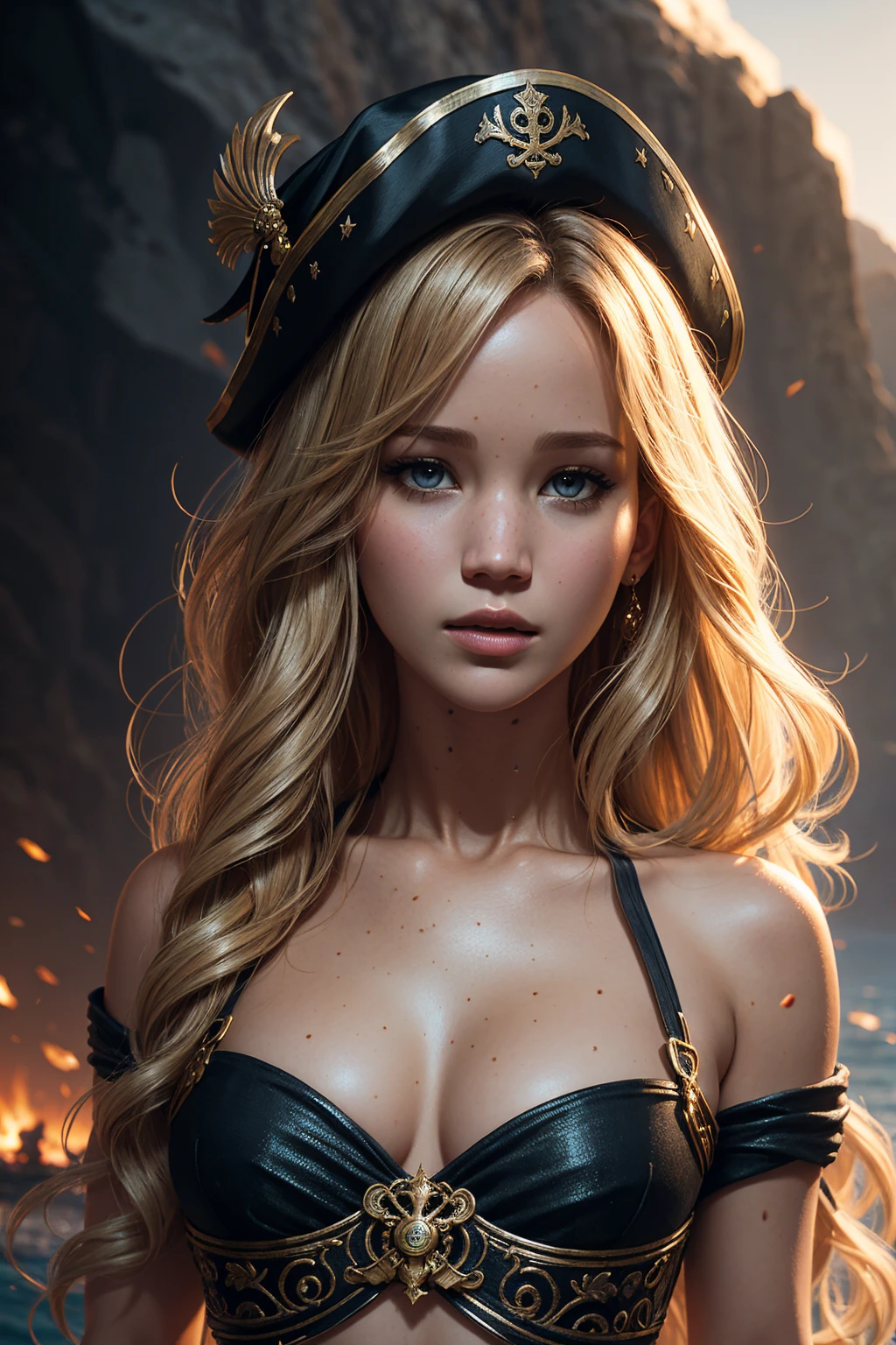 portrait Jennifer Lawrence, wearing sexy pirate costume, against the background of the island of Santorini, character portrait, 4 3 9 0 s, wavy hair, intricate, elegant, highly detailed, digital painting, artstation, concept art, smooth, sharp focus, illustration, art by wlop, charlie bowater and alexandra fomina, 36k, glittering, shining, correct anatomy