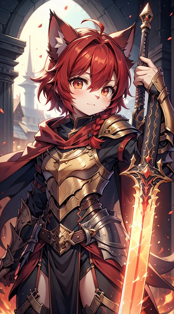 Cat Girl，short hair，braid，Tomboy，cute，Passion，Full of vitality，Energetic，Lively，shota，femboy，Red hair，Cat ears，Red Hair，Red Hair，Body hair，furry，furry，Red fur all over，hairy，sword，持sword，佩sword，拿着sword，cloak，cloak，Heroic Style，armor，奇幻armor