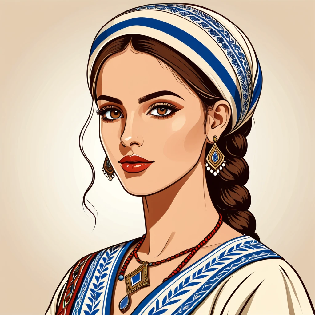woman in israel folk outfit, vector graphics, strong contours
