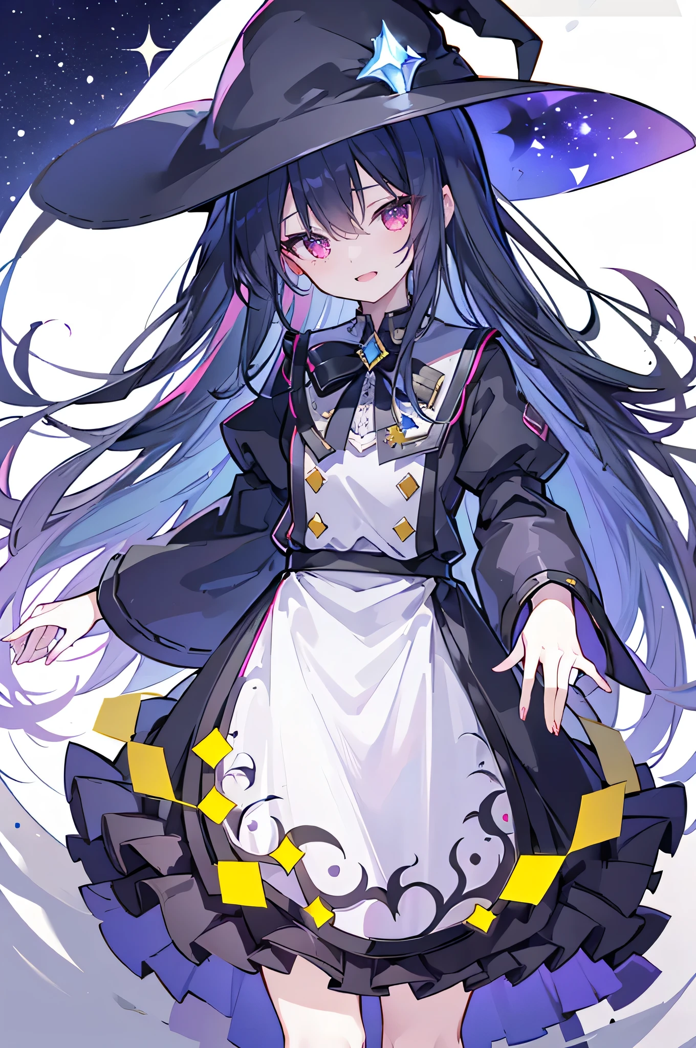 oung Girls,Humanity,A magician always smiles,big witch hat,cute,dark blue long hair,The eyes are dull,The bangs are heavy,Thin eyebrows,fantasy,intake,Double teeth,Star Theme,Constellation pattern,Solid color clothetal decoration,cloak,A bit of a dark atmosphere,A little crazy smile,When the big moon shines outside at night,blood,Hair black star embellishment,Short tie,No nails,High waist skirt,Bell sleeves,Long-sleeved shirt,Black tie,low risk,gentlemen。Mist、Yellow and white effect,Shocking pink as an accent color