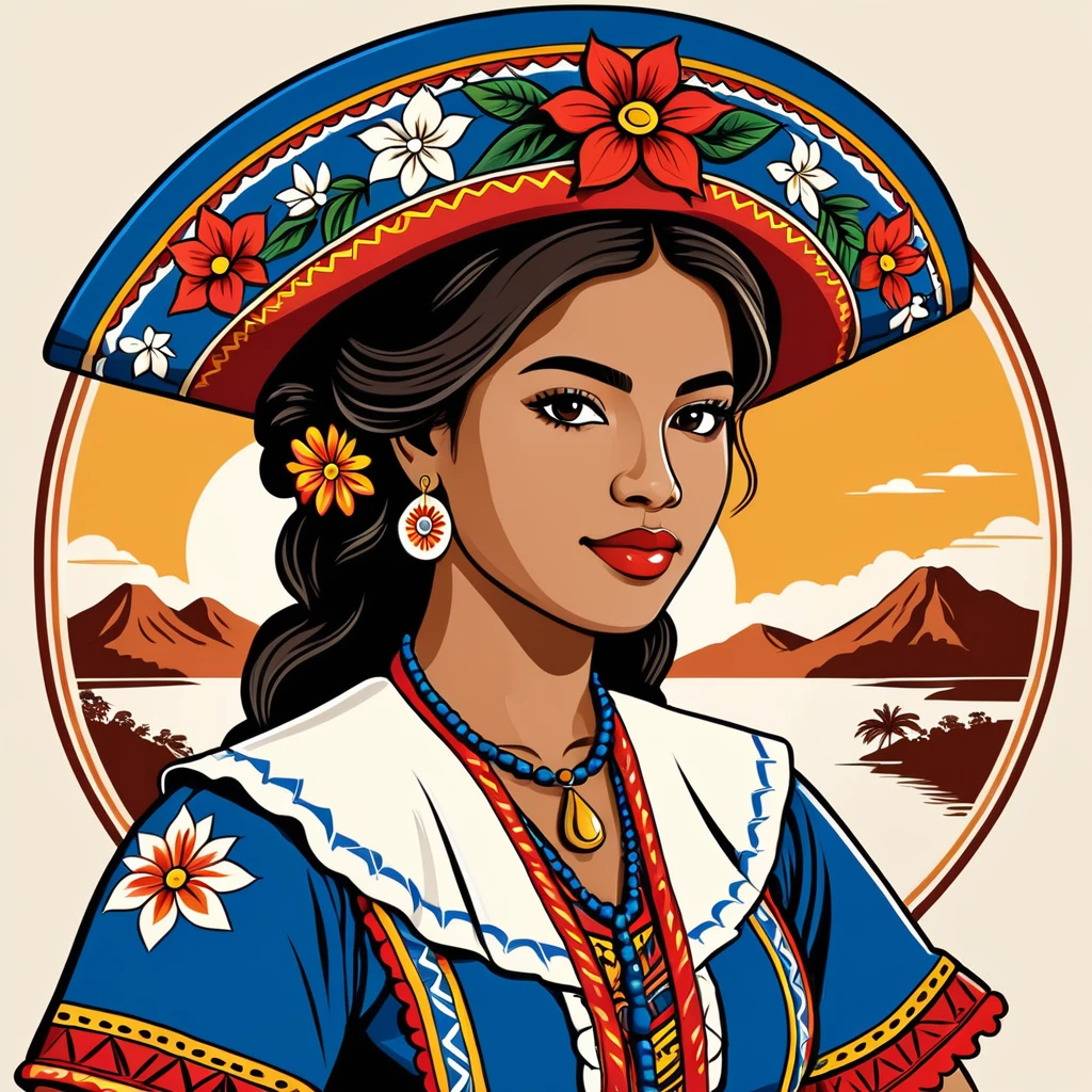 woman in honduras folk outfit, vector graphics, strong contours