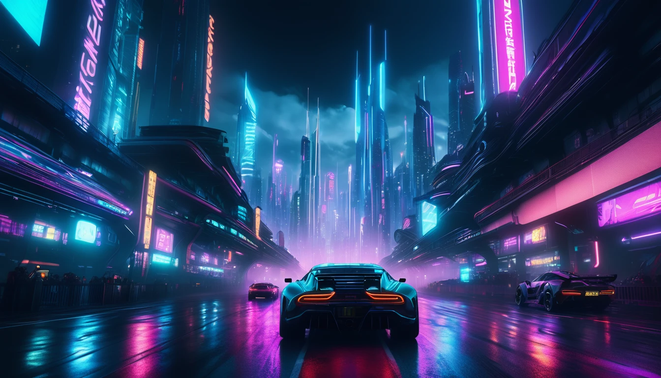 a near futuristic city at night, above angle of a highway with posing racing cars, skyscrapers, cyberpunk city,neon lights,glowing buildings,dramatic lighting,cinematic atmosphere,(best quality,4k,8k,highres,masterpiece:1.2),ultra-detailed,(realistic,photorealistic,photo-realistic:1.37),cinematic,dramatic,cars befor the big race,moody,cyberpunk,neon,glowing,urban,futuristic