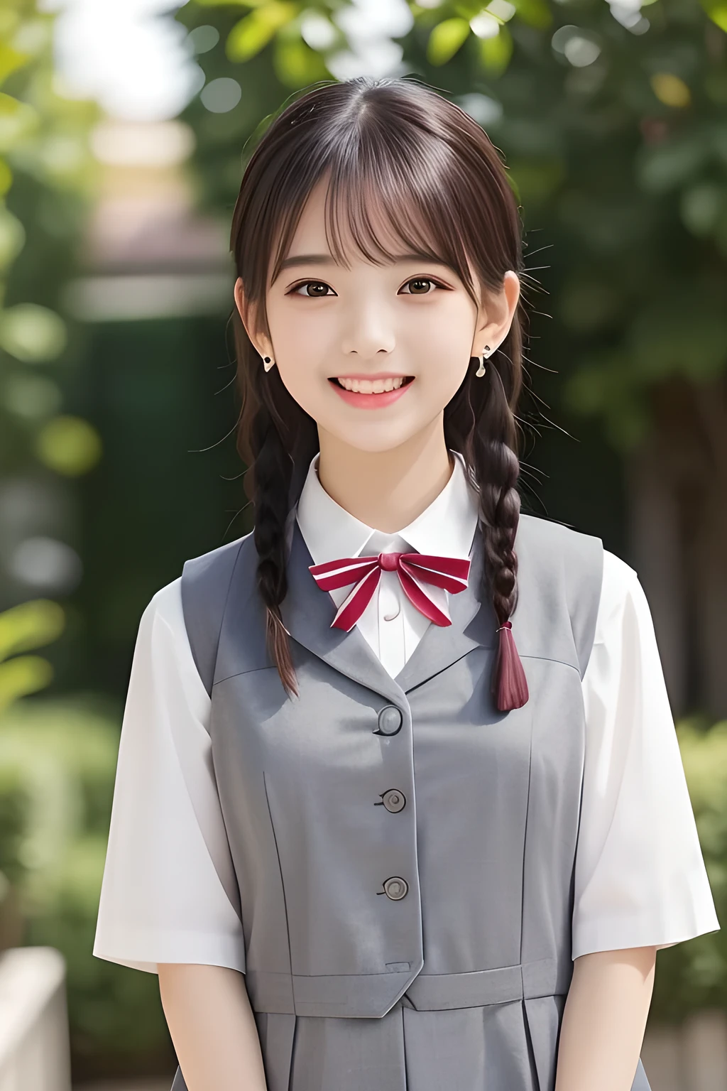 (highest quality, masterpiece, high resolution:1.2), 4K, (Photo quality detailed face: 1.2), (Giorgione painting style: 0.8), geometry, (16 yo cute girly Japanese girl: 1.0), Laughing cutely, (neat girly white short-sleeves school blouse: 1.0), (puffed short sleeves: 1.0), (Dark red glossy school ribbon on the breast: 1.0), (Gray Japanese school girly vest Uniform: 1.2), (Laughing cheeks: 1.0), (Beautiful light-amber-cute-girly large clear eyes with detailed cutely: 1.2), (Long bottom eyelashes: 1.0), (Expressing the greatest joy with her whole body: 1.5), (Glossy lips: 1.0), (braids under her ears: 1.0), (cute earrings), (Inviting me into the heaven: 1.0), (white and clear skin: 1.0), (Laughing cute Italian 7yo noble girl's eyes: 0.6)