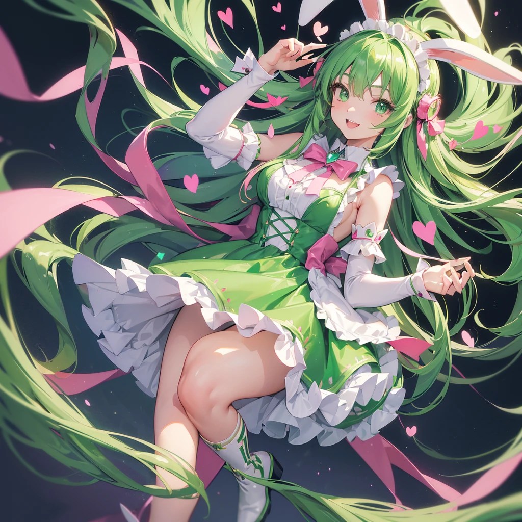 One woman,((Put on rabbit ears,Cosplay 20 years old,A little more mature atmosphere)) Green Eyes,Super Shining,Crystal long hair,green,Fluffy hair, maid outfit, black boots,A big smile down to my knees,front,Showing a little teeth Background(Pink Background,Lots of hearts) Super anime style, a masterpiece,Shining Edge