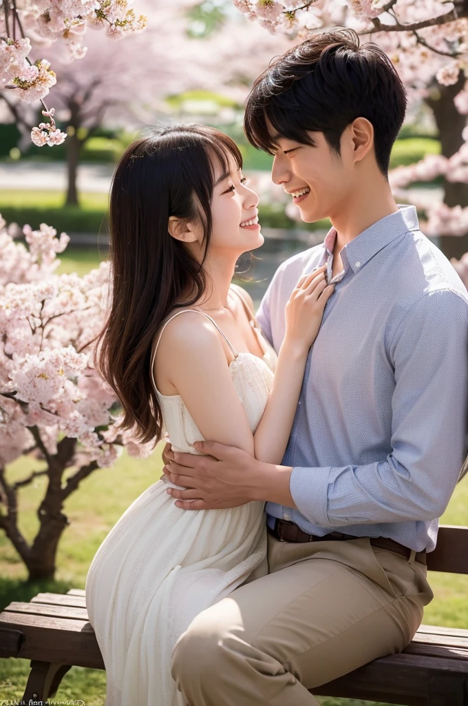A visually stunning image of a young Japanese couple engaged in an affectionate embrace on a park bench. The couple, a Japanese man and woman in their twenties, are deeply engrossed in each other’s company, smiling gently while holding each other closely. The scene is set in a vibrant spring park in Japan, with lush cherry blossoms and multicolored flowers blooming around them. The golden hour sunlight bathes the scene in a warm, soft glow, enhancing the romantic and peaceful mood. The image should capture detailed textures like the softness of their traditional or modern clothing and the delicate petals of the cherry blossoms, with a dreamy light flare effect to emphasize the magical atmosphere.”