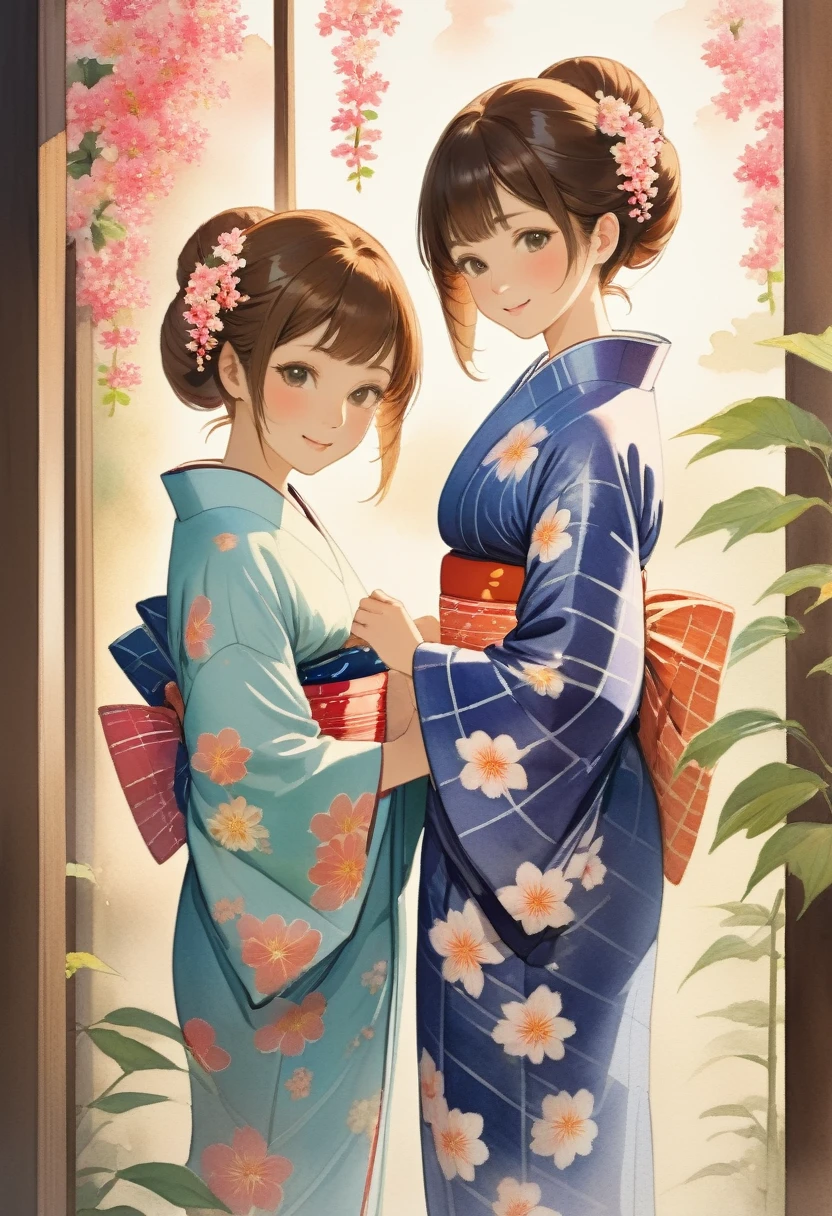 Japanese watercolor painting, 2women, standing side by side, yukata, detailed face, gentle smile, innocent, flowers arranged in a vase