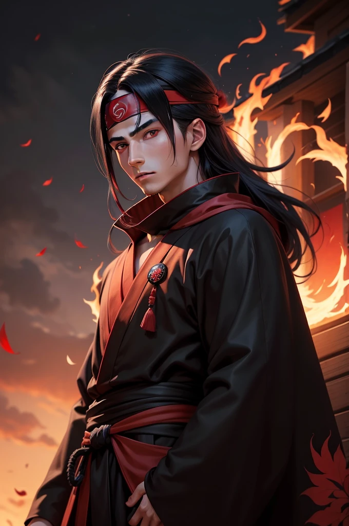 masterpiece, Detailed, a young man covered in black cape with red cloud drawing or akatsuki robe From Naruto, itachi uchiha, Red eyes, Upper Body, Ninja, Leaf headband, Red moon in the background, Red Theme, From Naruto, Long Hair, Wrapped in red flames、Facing forward、Alluring、Beautiful Youth