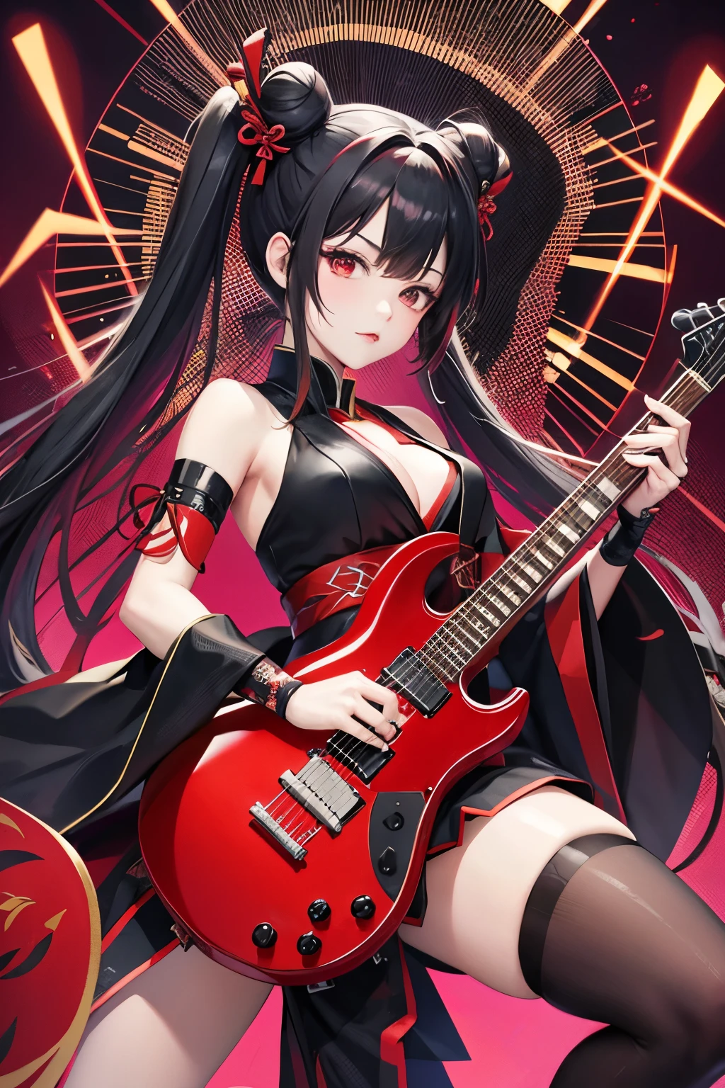 Red and black Twin-tailed bun hair, flashy haori and hakama, high heels, heavy metal, electric guitar, stage