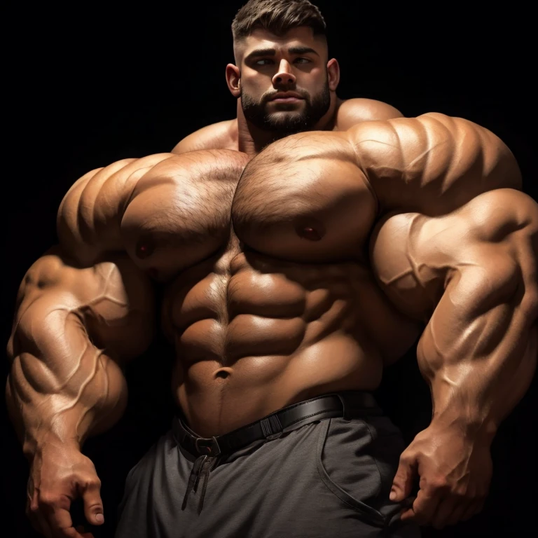 a very handsome man, mid fade haircut, shirtless, massively muscular, with massively large muscles, with massively large and muscular chest, arms and biceps, extremely muscular and defined body, large body, massively large and muscular body, all parts massively large and muscular, on a black background